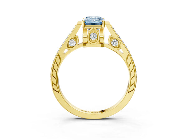Yellow gold Fancy Blue Emerald  Cut Cathedral Pave Diamond Engagement Ring with Six-Prong Setting