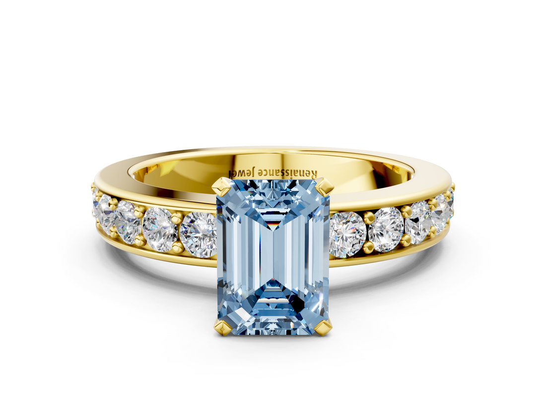 Yellow gold Fancy Blue Emerald  Cut Channel Set Diamond Engagement Ring with Four-Prong Setting_223