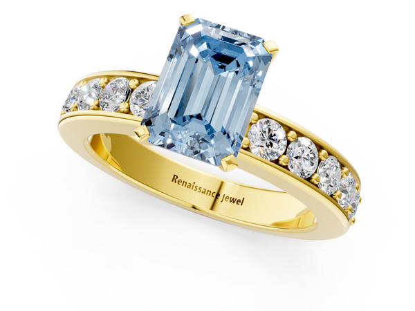 Yellow gold Fancy Blue Emerald  Cut Channel Set Diamond Engagement Ring with Four-Prong Setting