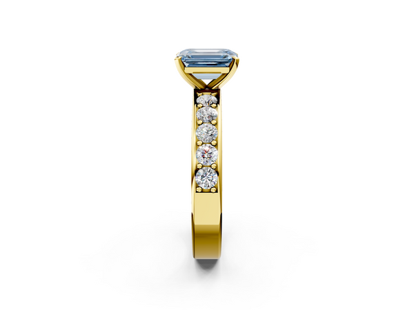 Yellow gold Fancy Blue Emerald  Cut Channel Set Diamond Engagement Ring with Four-Prong Setting