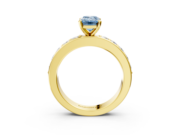 Yellow gold Fancy Blue Emerald  Cut Channel Set Diamond Engagement Ring with Four-Prong Setting