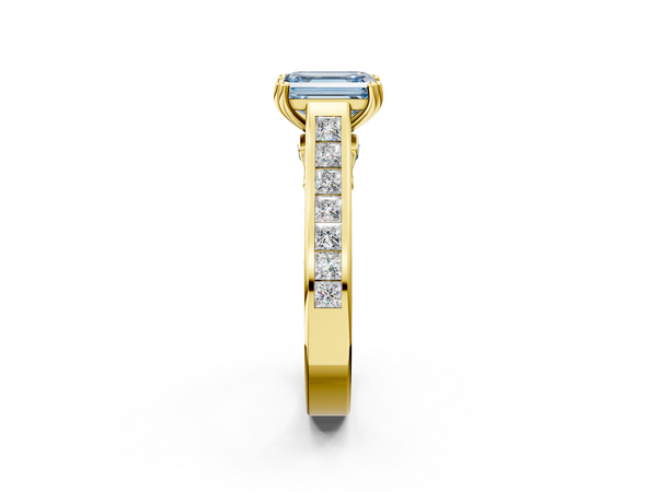 Yellow Gold Emerald Cut Channel Set Solitaire Engagement Ring Setting for Fancy Blue Center with Double Claw Prongs
