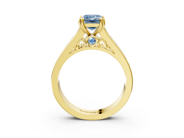 Yellow Gold Emerald Cut Channel Set Solitaire Engagement Ring Setting for Fancy Blue Center with Double Claw Prongs