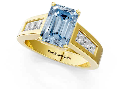 Yellow gold Fancy Blue Emerald Cut Cut Channel Set Solitaire Ring with Four-Prong Setting_1