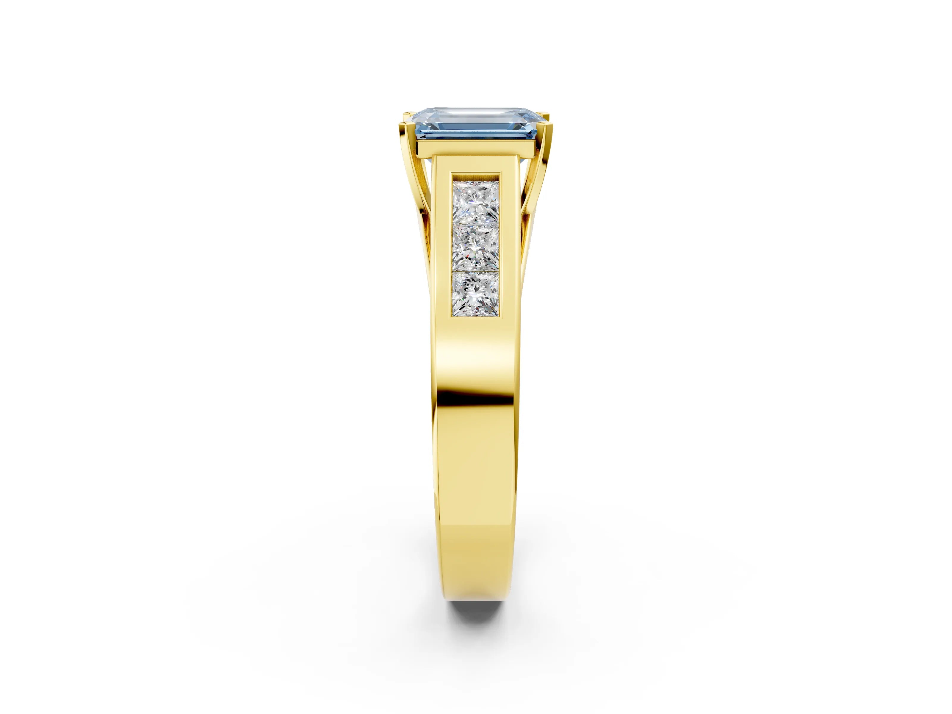Yellow gold Fancy Blue Emerald Cut Cut Channel Set Solitaire Ring with Four-Prong Setting_2