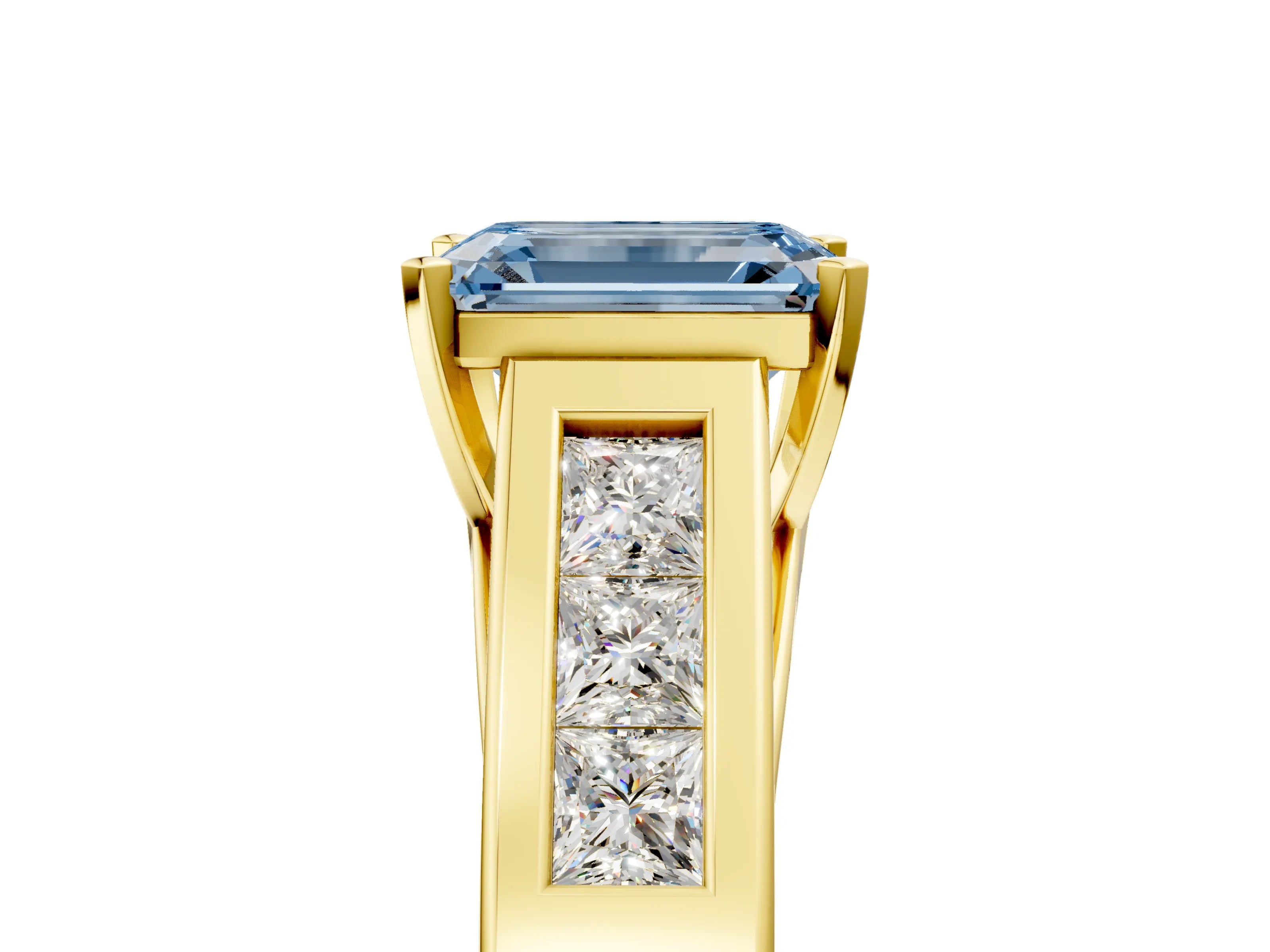 Yellow gold Fancy Blue Emerald Cut Cut Channel Set Solitaire Ring with Four-Prong Setting_5