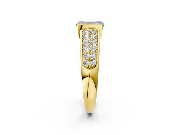 Yellow gold Fancy Blue Emerald Cut Diamond Channel Set Pave Band with Tension Prong Setting