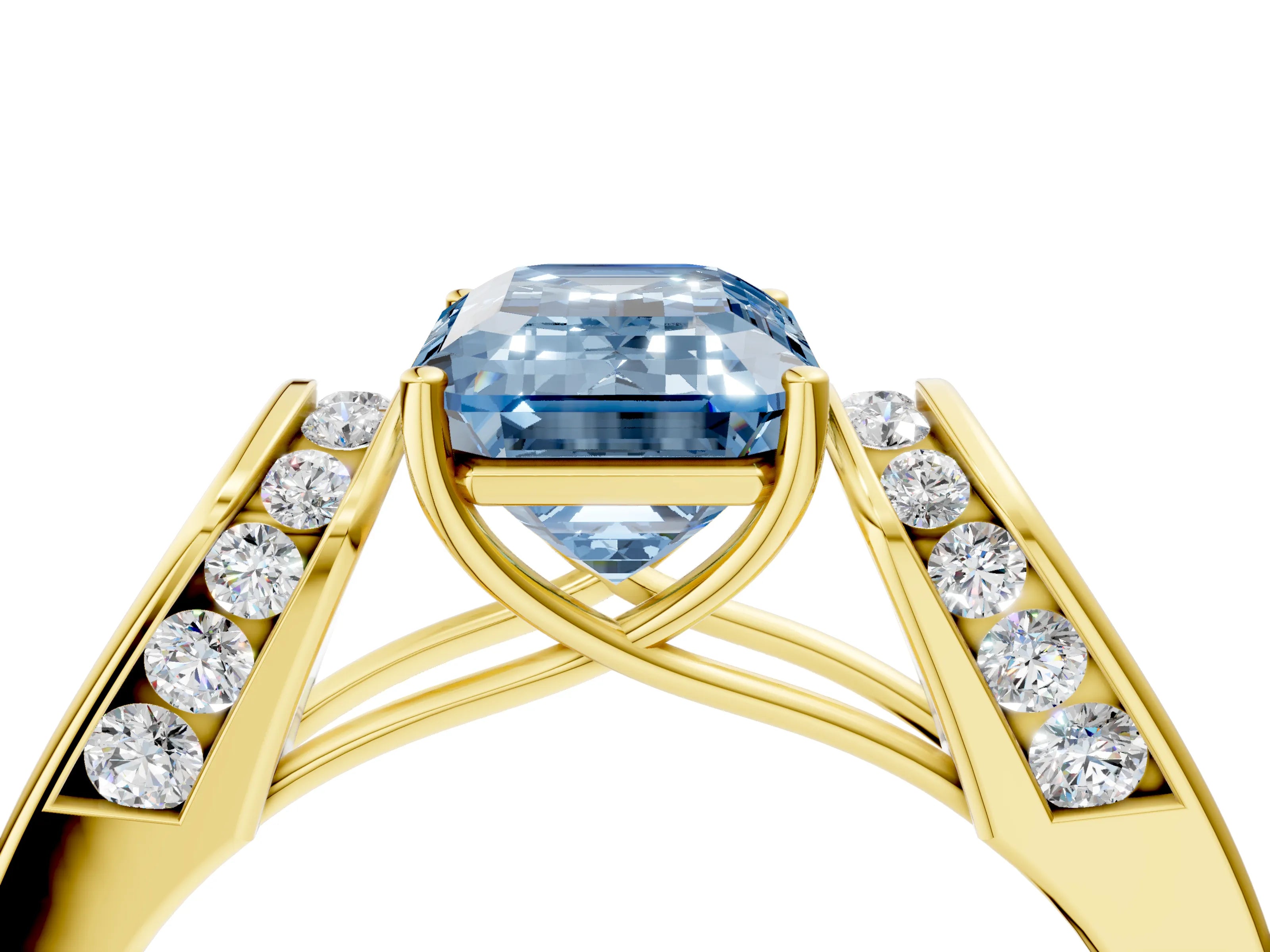 Yellow gold Fancy Blue Emerald Cut Cut Diamond Channel Set Solitaire Ring with Four-Prong Setting_4