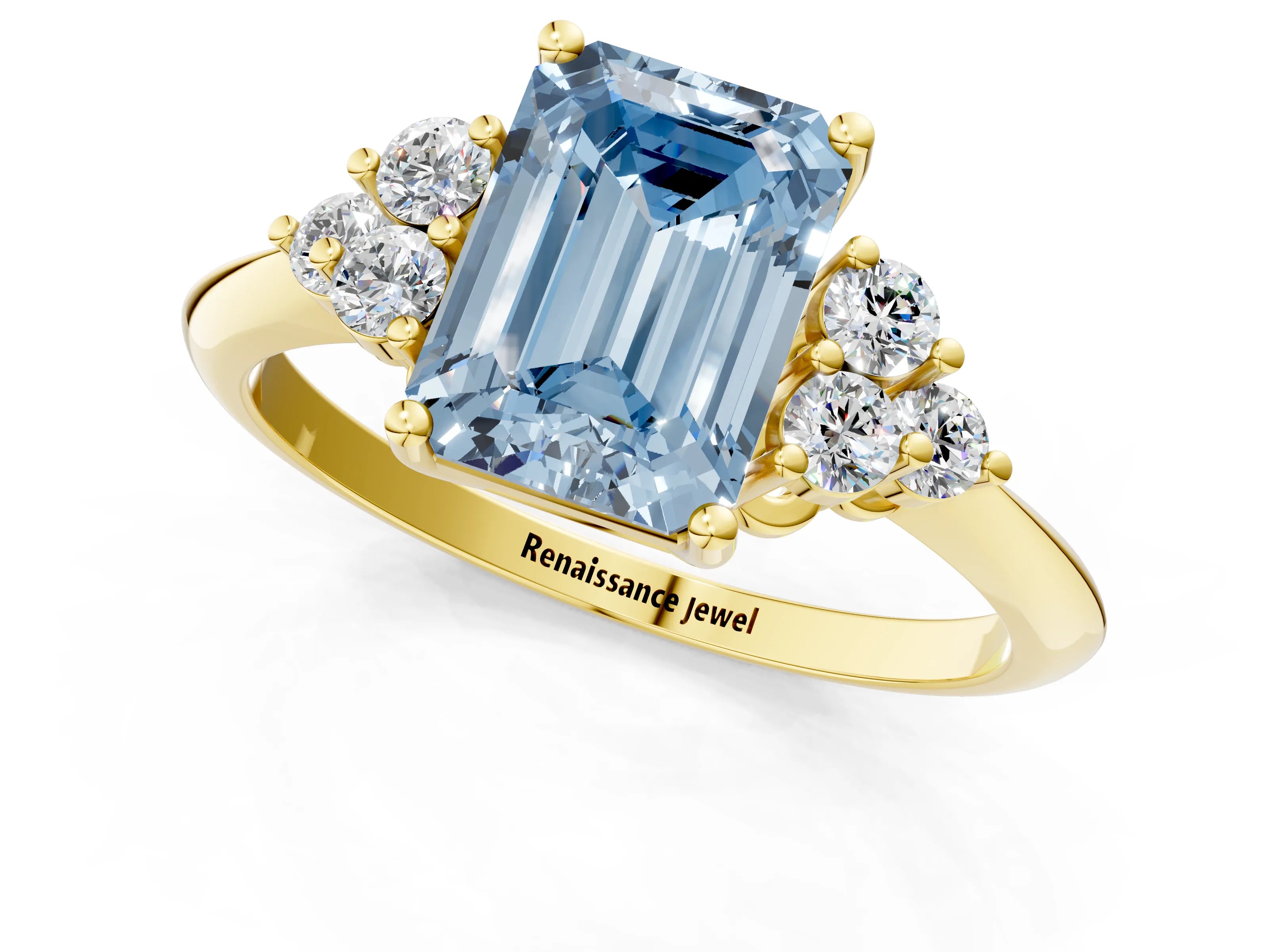 Yellow gold Fancy Blue Emerald Cut Cut Diamond Cluster Ring with Solitaire Band and Four-Prong Setting_13
