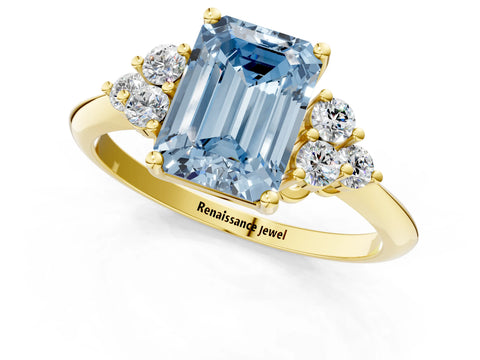 Yellow gold Fancy Blue Emerald Cut Cut Diamond Cluster Ring with Solitaire Band and Four-Prong Setting_13
