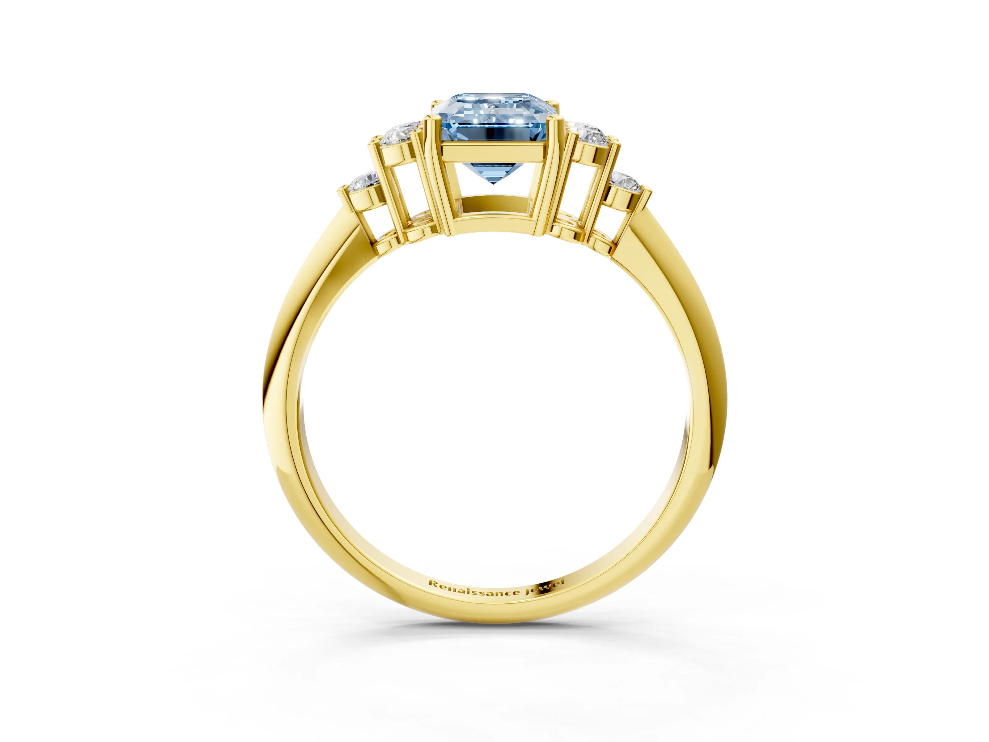Yellow gold Fancy Blue Emerald Cut Cut Diamond Cluster Ring with Solitaire Band and Four-Prong Setting_15
