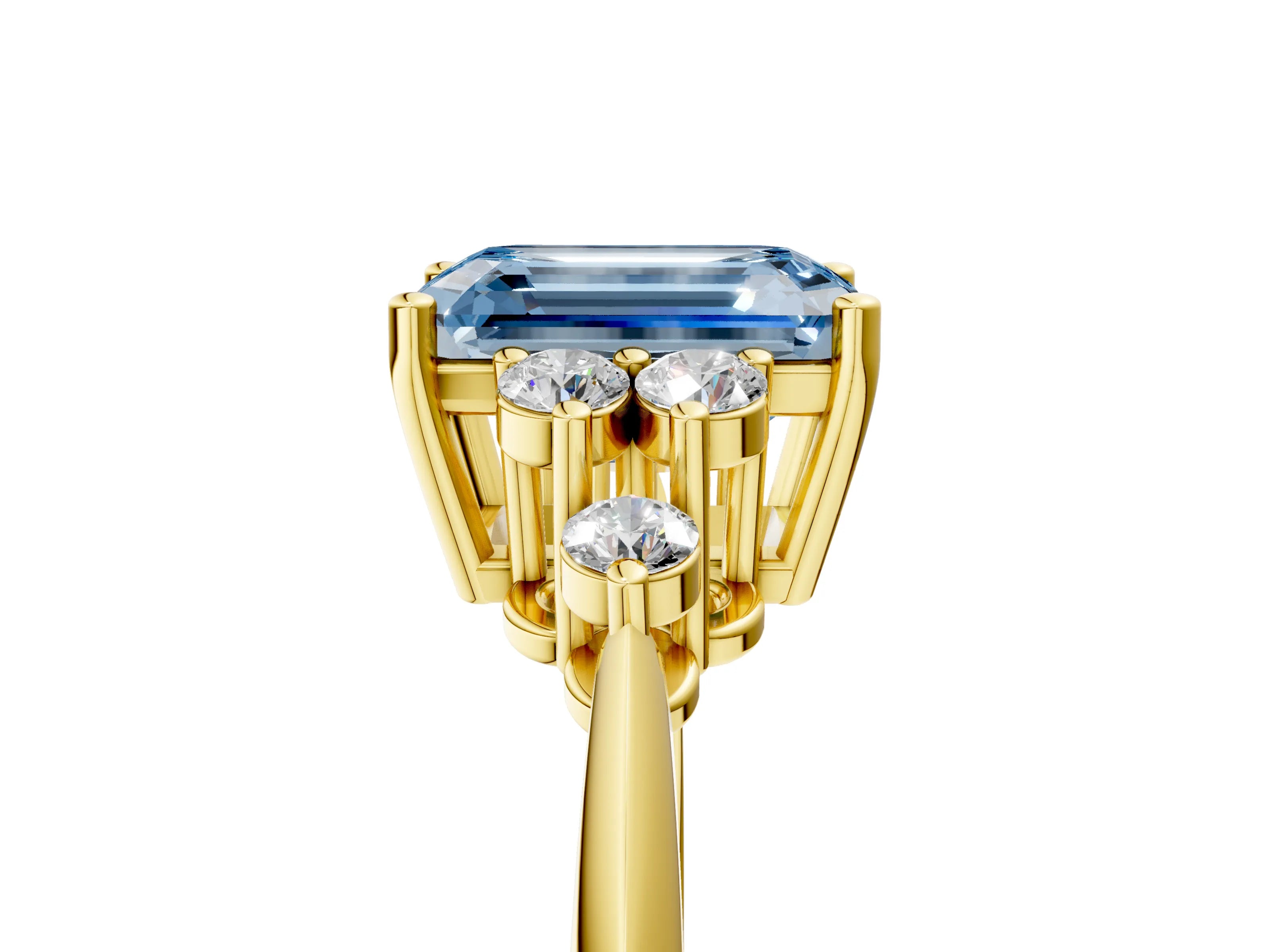 Yellow gold Fancy Blue Emerald Cut Cut Diamond Cluster Ring with Solitaire Band and Four-Prong Setting_17