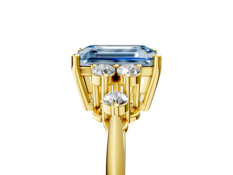 Yellow gold Fancy Blue Emerald Cut Cut Diamond Cluster Ring with Solitaire Band and Four-Prong Setting_17