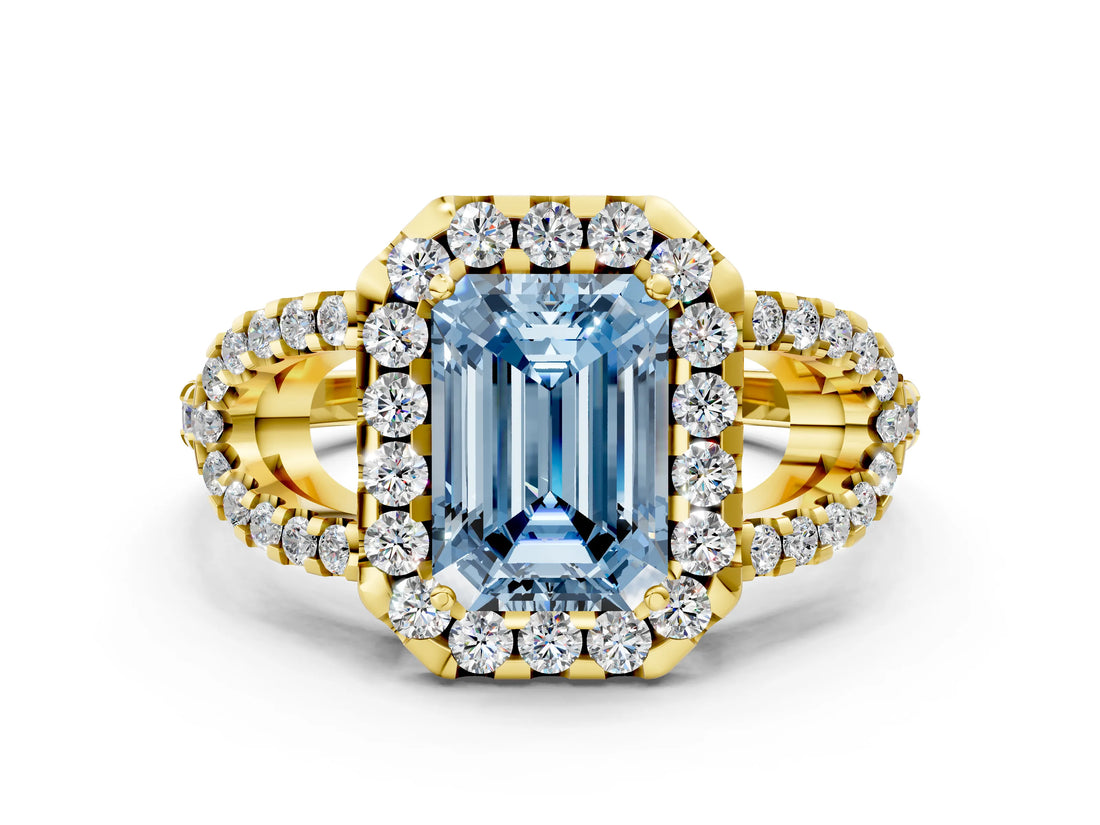 Yellow gold Fancy Blue Emerald Cut Cut Diamond Halo Engagement Ring with Open Split Pavé Band