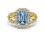 Yellow gold Fancy Blue Emerald Cut Cut Diamond Halo Engagement Ring with Open Split Pavé Band