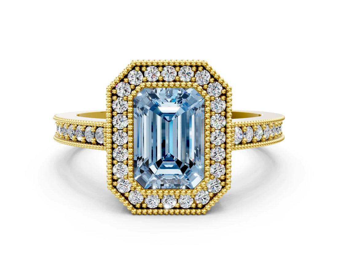 Yellow gold Fancy Blue Emerald Cut-Cut Diamond Halo Engagement Ring with Pave Band and Prong Setting