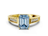Yellow gold Fancy Blue Emerald Cut Cut Diamond Milgrain Pave Band Four-Prong Setting Ring_3
