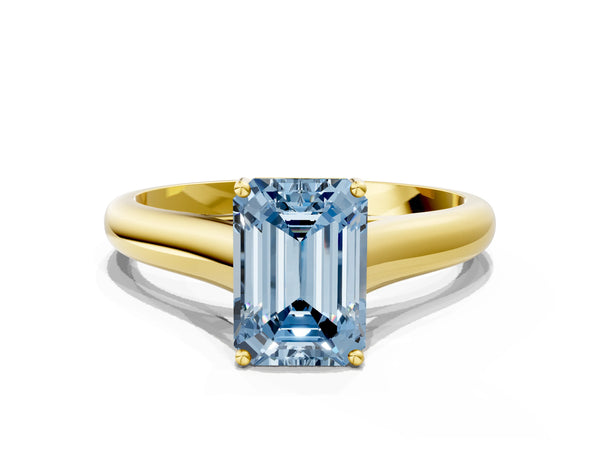 Yellow gold Fancy Blue Emerald Cut Cut Diamond Solitaire Engagement Ring with Tapered Plain Band and Four-Prong Setting