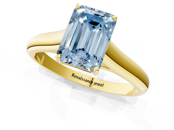 Yellow gold Fancy Blue Emerald Cut Cut Diamond Solitaire Engagement Ring with Tapered Plain Band and Four-Prong Setting