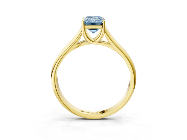 Yellow gold Fancy Blue Emerald Cut Cut Diamond Solitaire Engagement Ring with Tapered Plain Band and Four-Prong Setting