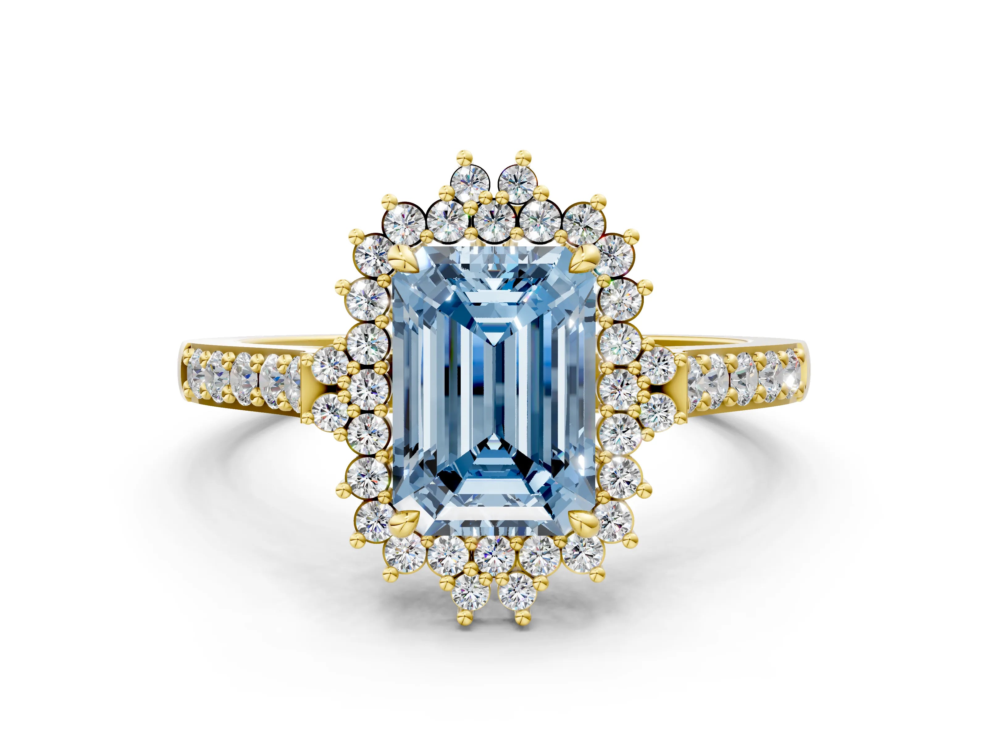 Yellow gold Fancy Blue Emerald Cut Cut Diamond Sunburst Halo Engagement Ring with Pavé Band