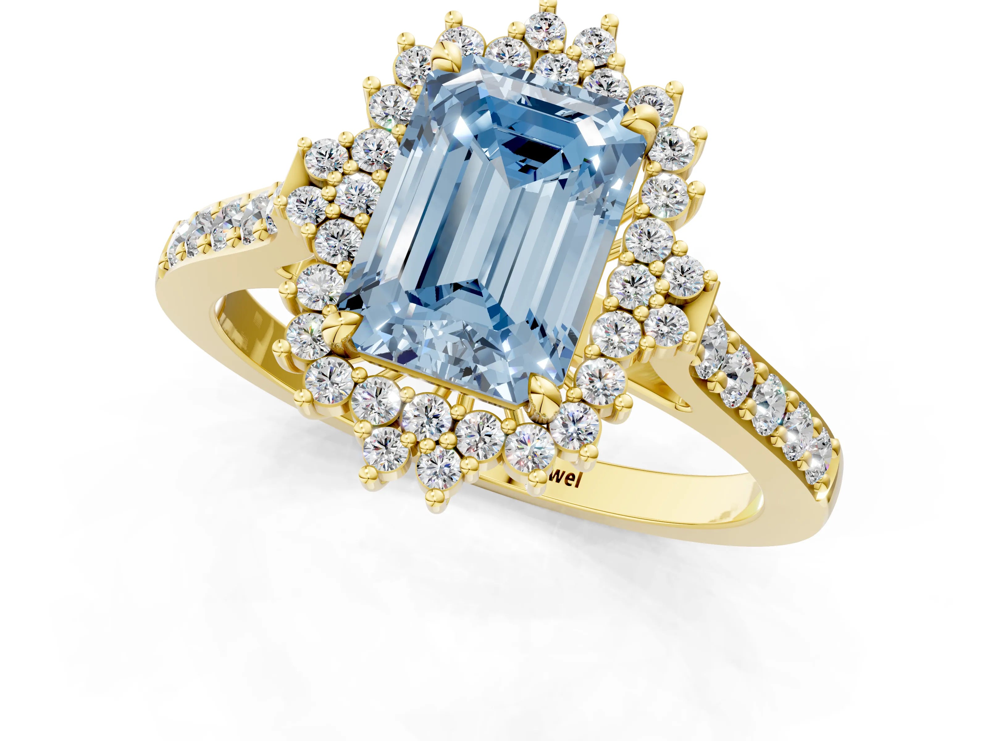 Yellow gold Fancy Blue Emerald Cut Cut Diamond Sunburst Halo Engagement Ring with Pavé Band_1