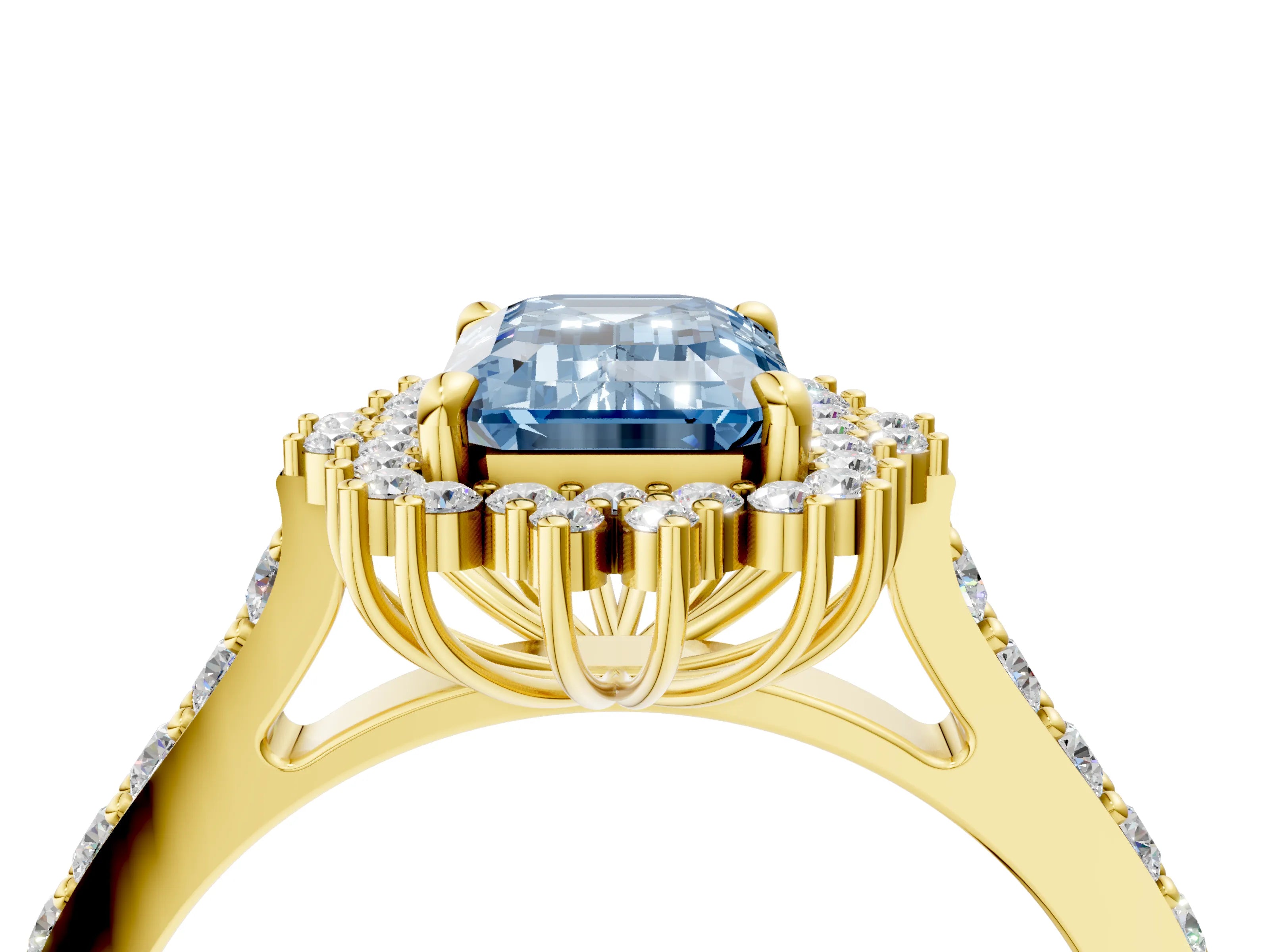 Yellow gold Fancy Blue Emerald Cut Cut Diamond Sunburst Halo Engagement Ring with Pavé Band_4