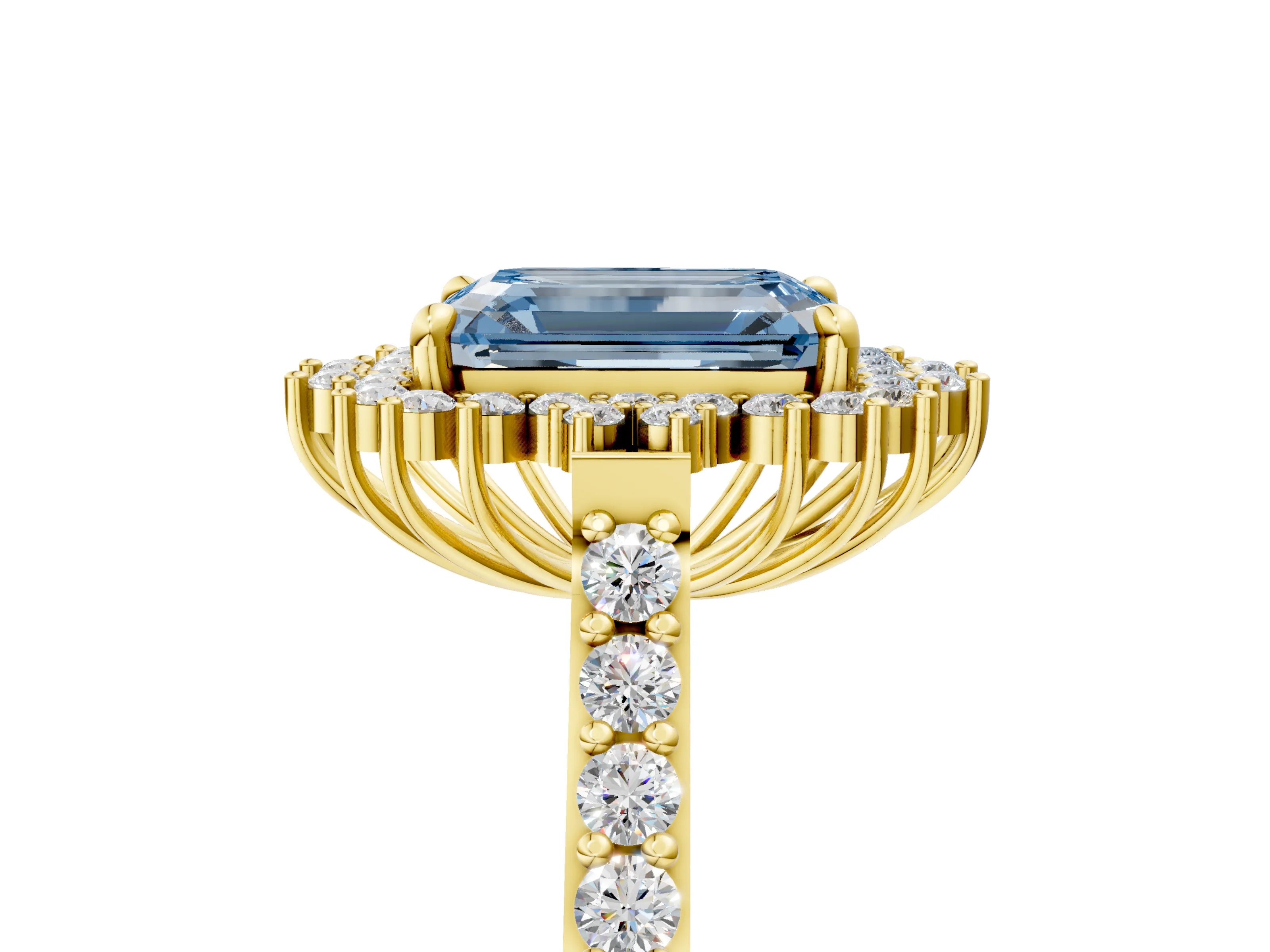 Yellow gold Fancy Blue Emerald Cut Cut Diamond Sunburst Halo Engagement Ring with Pavé Band_5
