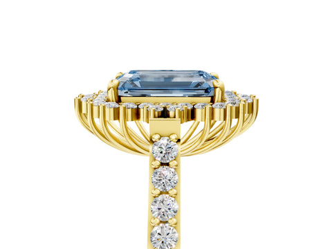 Yellow gold Fancy Blue Emerald Cut Cut Diamond Sunburst Halo Engagement Ring with Pavé Band_5