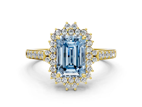 Yellow gold Fancy Blue Emerald Cut Cut Diamond Sunburst Halo Engagement Ring with Pavé Band