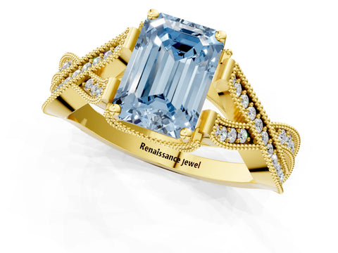 Yellow gold Fancy Blue Emerald Cut Cut Diamond Twisted Band with Milgrain Pave Setting and Four-Prong Setting_1