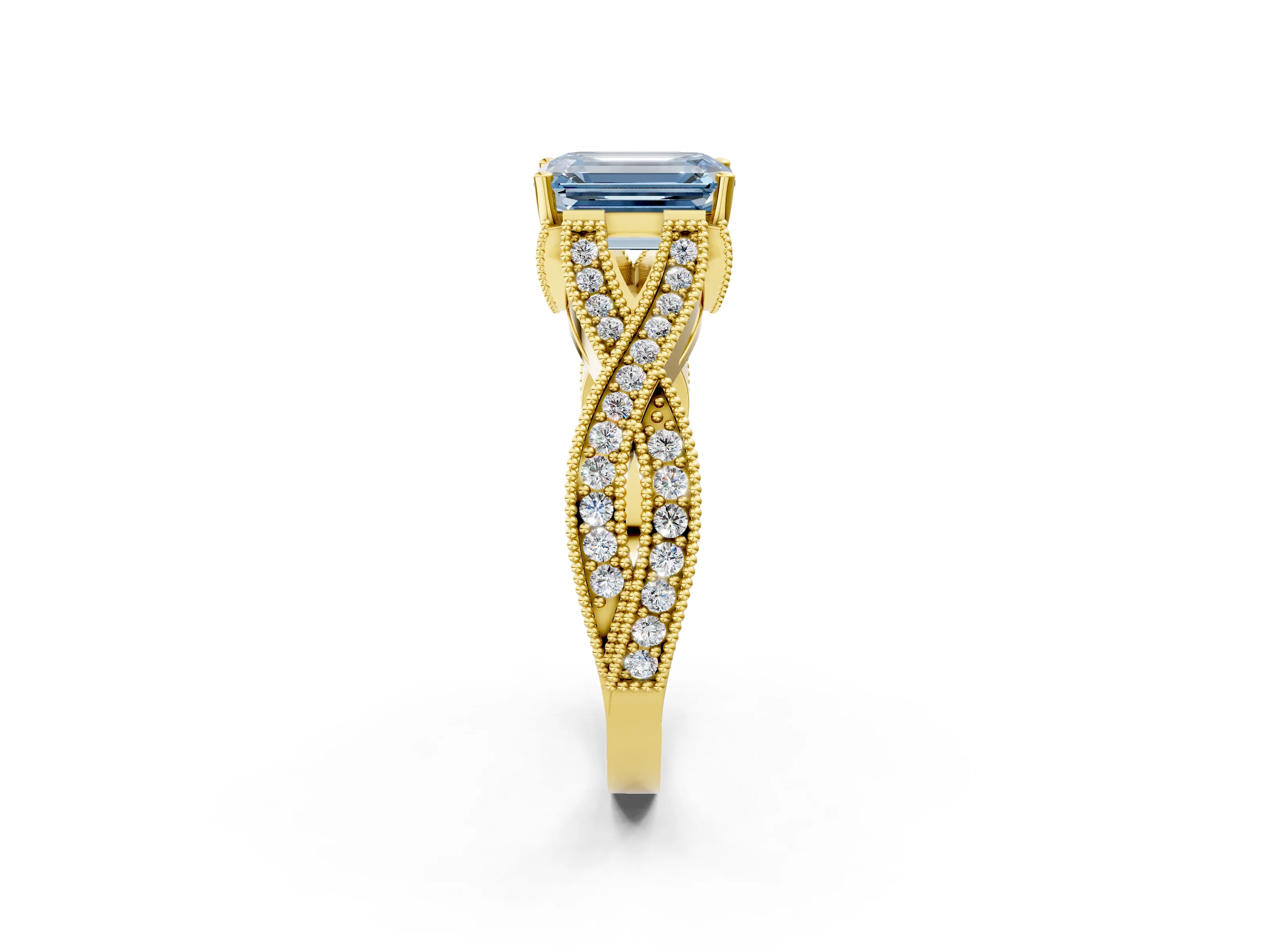 Yellow gold Fancy Blue Emerald Cut Cut Diamond Twisted Band with Milgrain Pave Setting and Four-Prong Setting_2