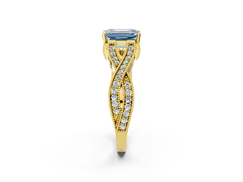 Yellow gold Fancy Blue Emerald Cut Cut Diamond Twisted Band with Milgrain Pave Setting and Four-Prong Setting_2