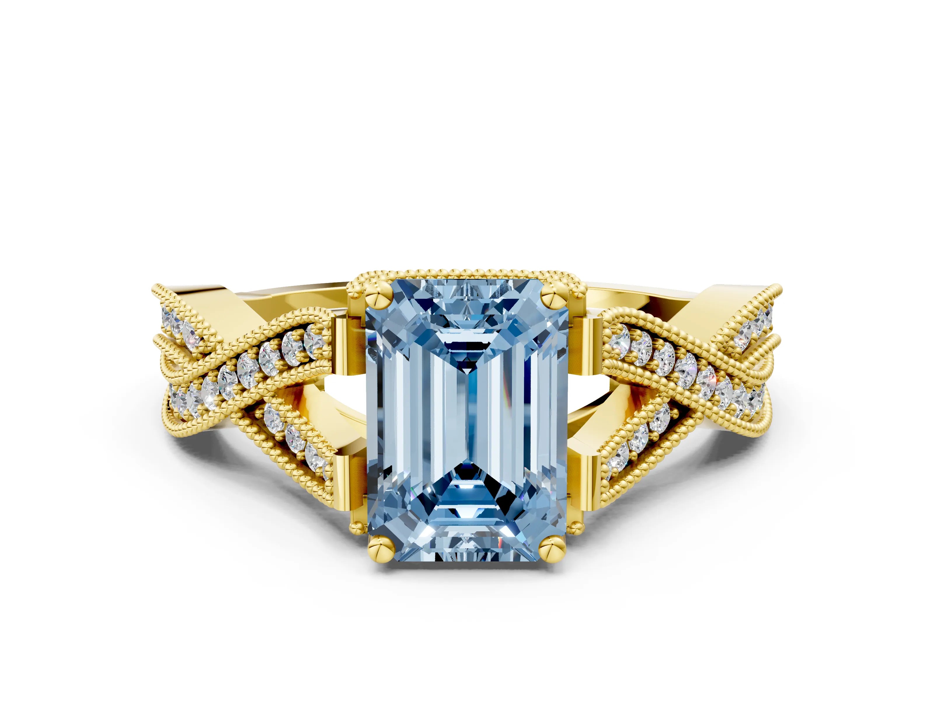 Yellow gold Fancy Blue Emerald Cut Cut Diamond Twisted Band with Milgrain Pave Setting and Four-Prong Setting