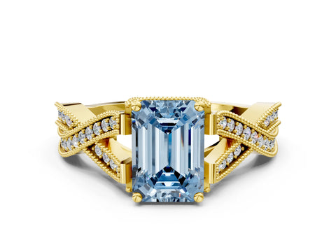 Yellow gold Fancy Blue Emerald Cut Cut Diamond Twisted Band with Milgrain Pave Setting and Four-Prong Setting