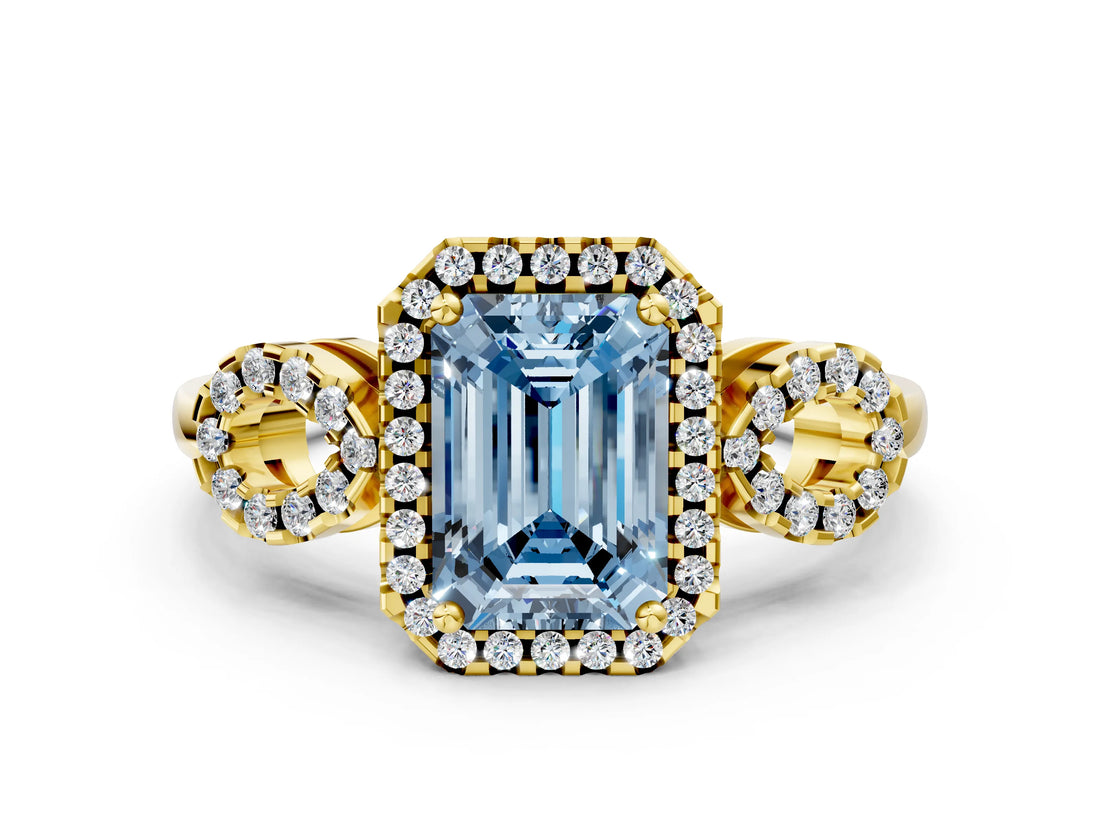 Yellow gold Fancy Blue Emerald Cut Cut Halo Diamond Infinity Band with Four-Prong Setting
