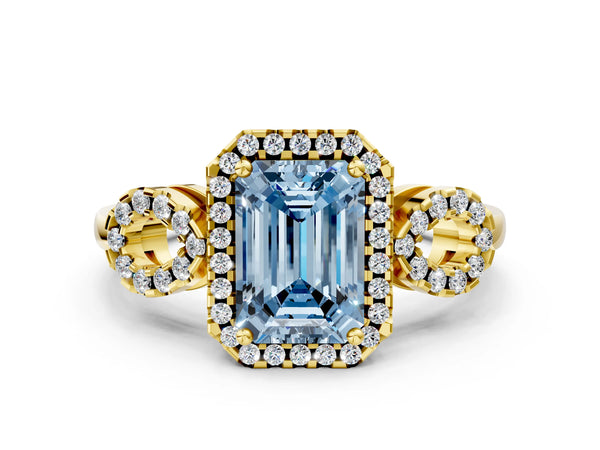 Yellow Gold Emerald Cut Pave Infinity Halo Engagement Ring Setting for Fancy Blue Center