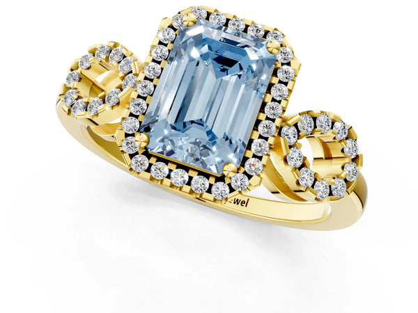Yellow Gold Emerald Cut Pave Infinity Halo Engagement Ring Setting for Fancy Blue Center