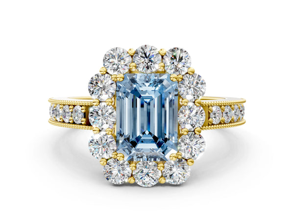 Yellow gold Fancy Blue Emerald Cut Cut Halo Diamond Pavé Engagement Ring with Milgrain Detailing
