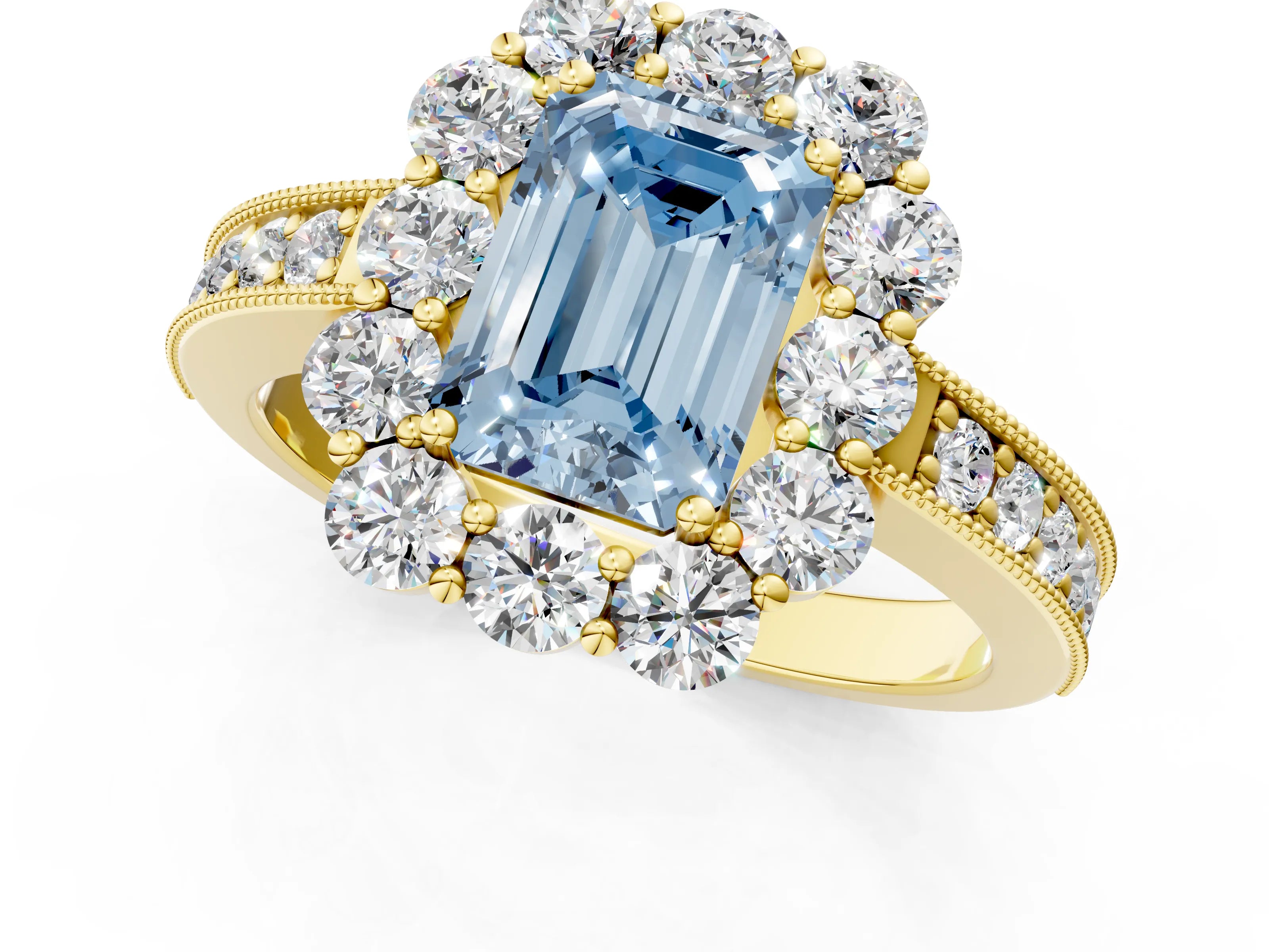 Yellow gold Fancy Blue Emerald Cut Cut Halo Diamond Pavé Engagement Ring with Milgrain Detailing_1
