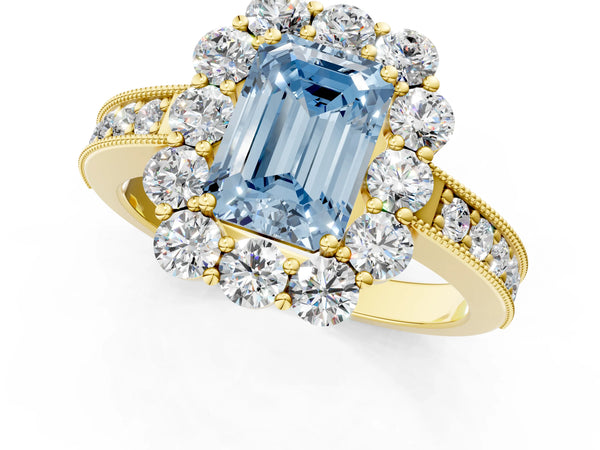 Yellow gold Fancy Blue Emerald Cut Cut Halo Diamond Pavé Engagement Ring with Milgrain Detailing