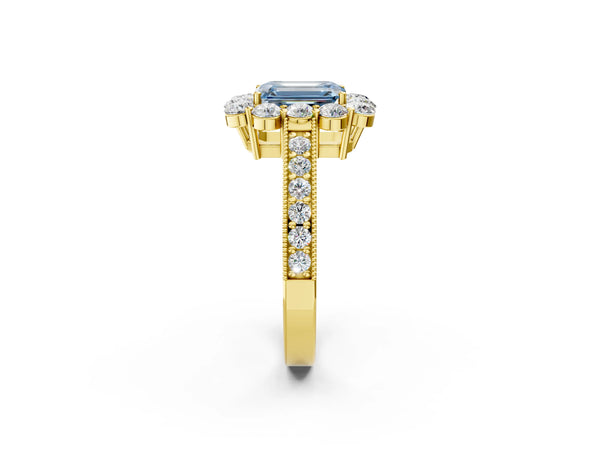 Yellow gold Fancy Blue Emerald Cut Cut Halo Diamond Pavé Engagement Ring with Milgrain Detailing