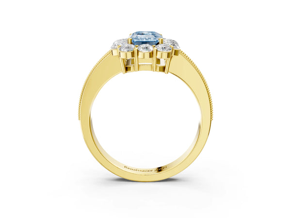 Yellow gold Fancy Blue Emerald Cut Cut Halo Diamond Pavé Engagement Ring with Milgrain Detailing