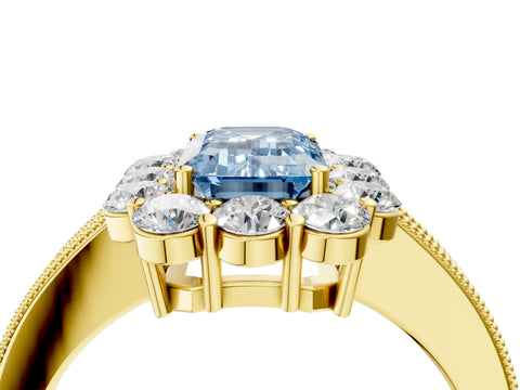 Yellow gold Fancy Blue Emerald Cut Cut Halo Diamond Pavé Engagement Ring with Milgrain Detailing_4