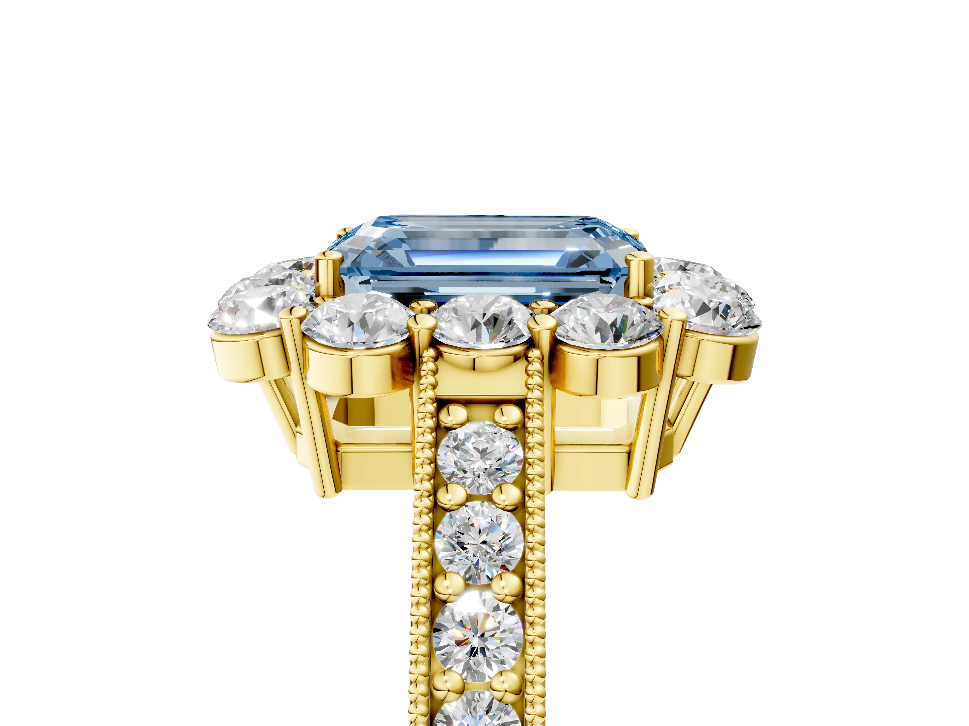 Yellow gold Fancy Blue Emerald Cut Cut Halo Diamond Pavé Engagement Ring with Milgrain Detailing_5