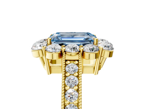Yellow gold Fancy Blue Emerald Cut Cut Halo Diamond Pavé Engagement Ring with Milgrain Detailing_5