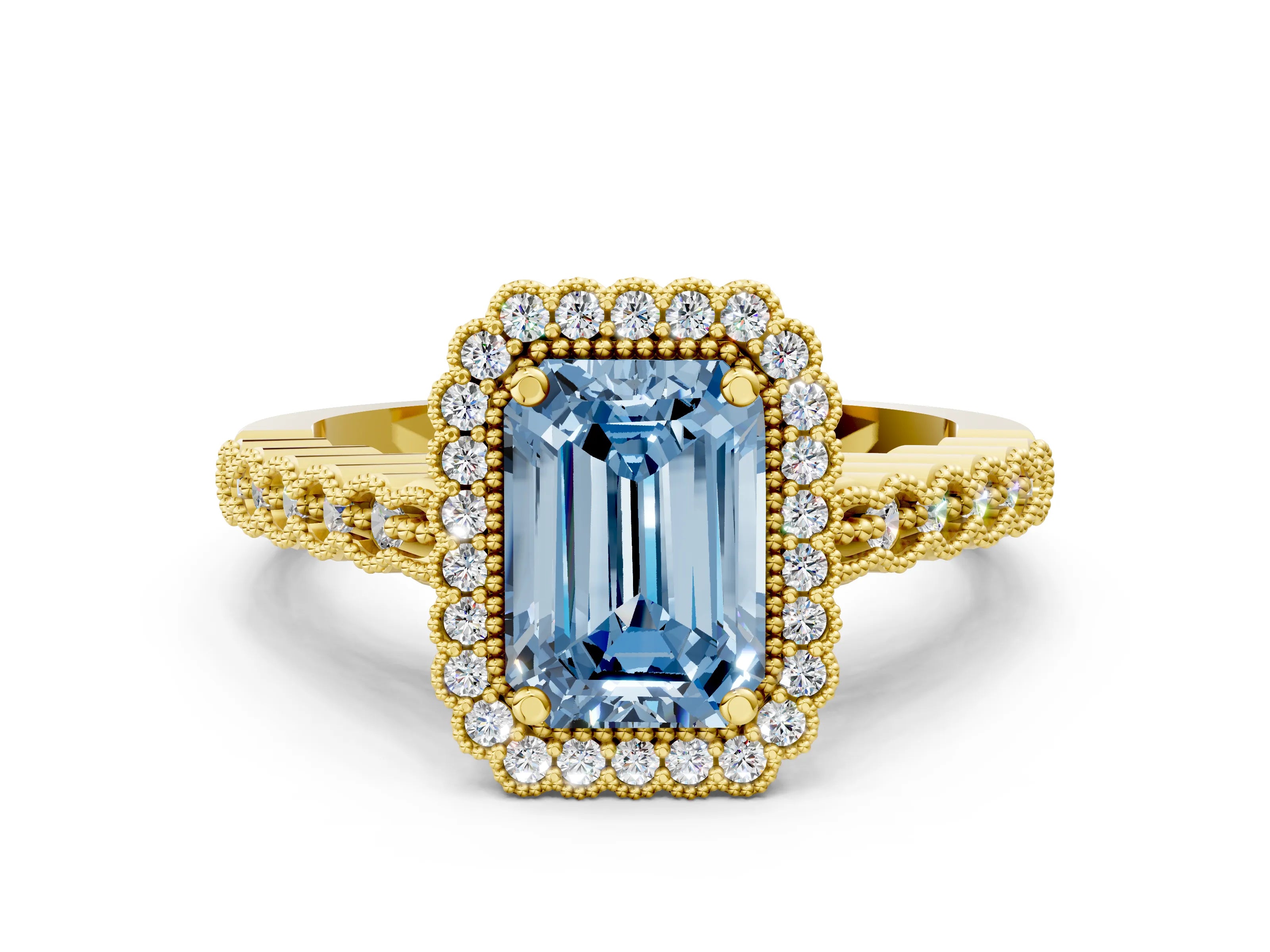 Yellow gold Fancy Blue Emerald Cut Cut Halo Pavé Solitaire Ring with Milgrain Band