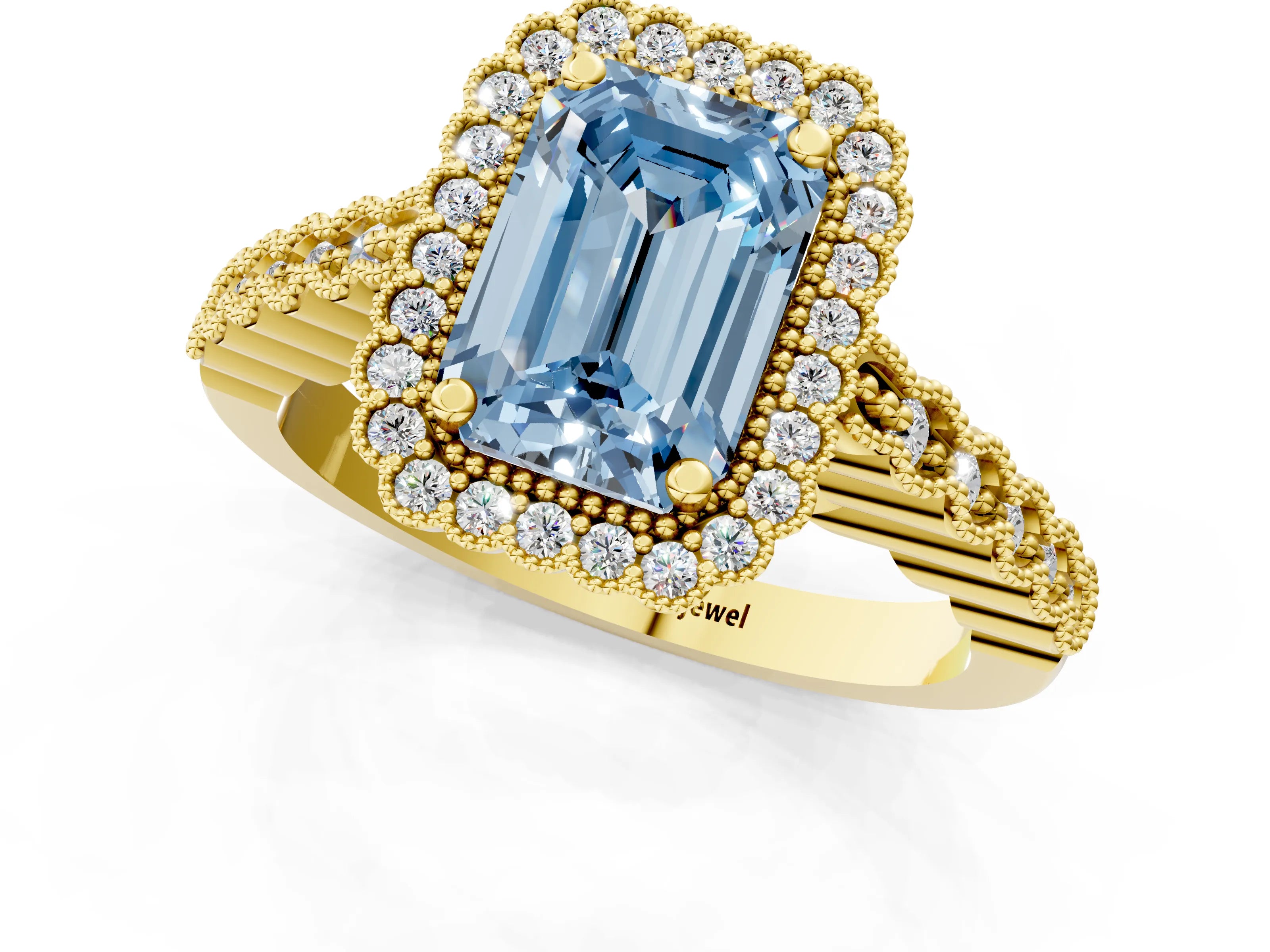 Yellow gold Fancy Blue Emerald Cut Cut Halo Pavé Solitaire Ring with Milgrain Band_1
