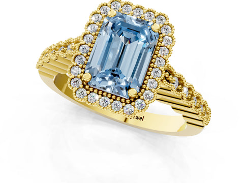 Yellow gold Fancy Blue Emerald Cut Cut Halo Pavé Solitaire Ring with Milgrain Band_1