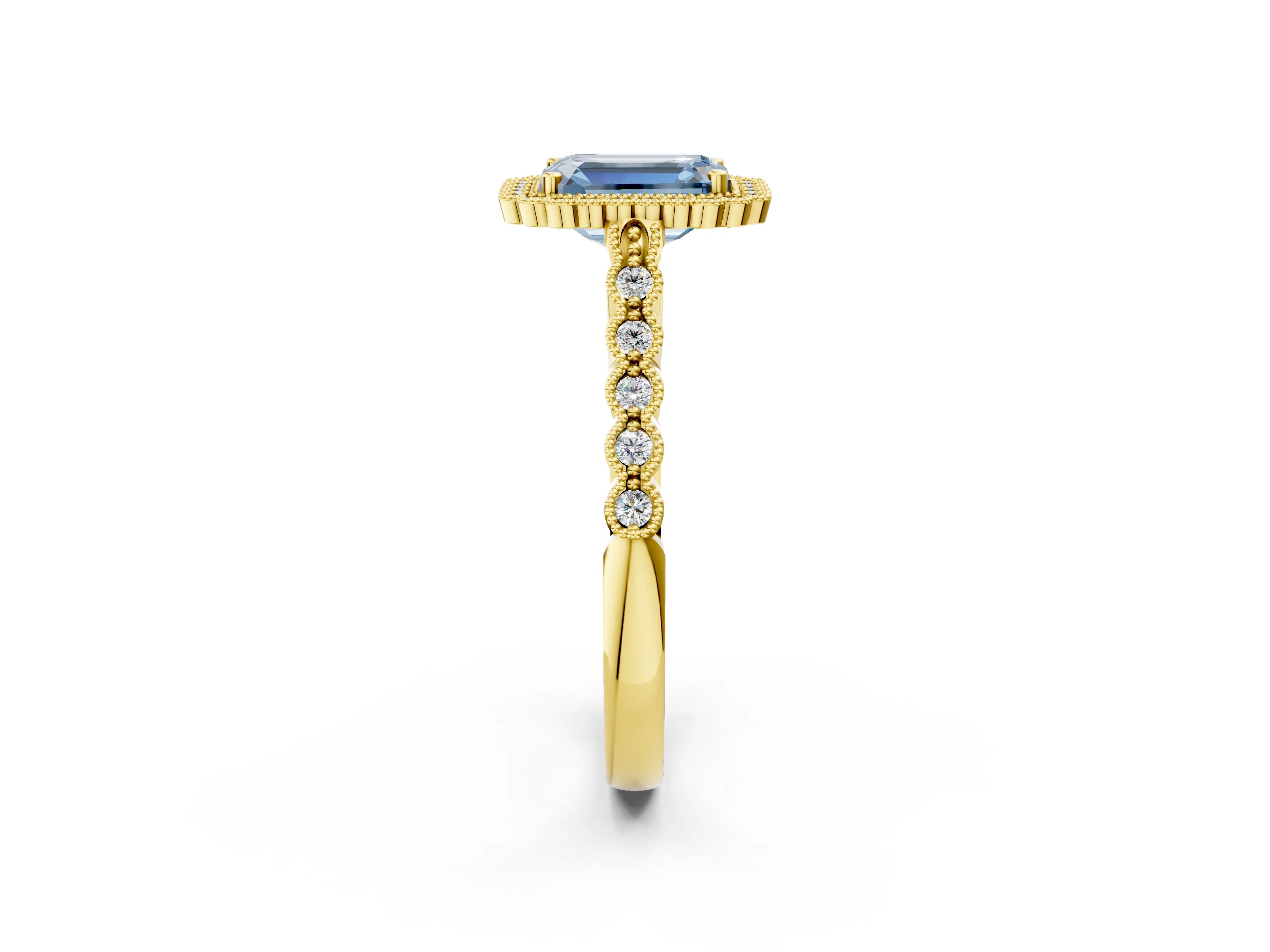 Yellow gold Fancy Blue Emerald Cut Cut Halo Pavé Solitaire Ring with Milgrain Band_2